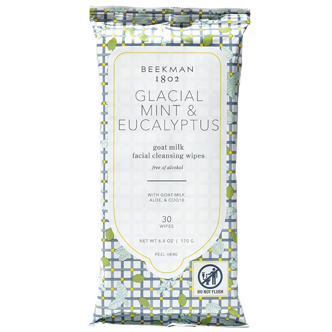Beekman 1802 Face Wipes – Makeup Remover Wipes for Face, Facial Cleansing Wipes that Remove Makeup & Dirt, Travel Essentials, Face Wipes with Goat Milk & Aloe, Glacial Mint & Eucalyptus 30 Count