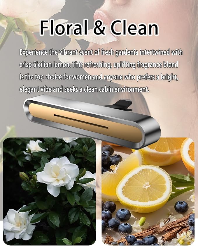 Car Air Freshener Vent Clip, Premium Alloy Essential Oil Diffuser, Includes 4 Scented Essential Oil Sticks and 6 Unscented DIY Refill Sticks (Golden, Floral & Clean)