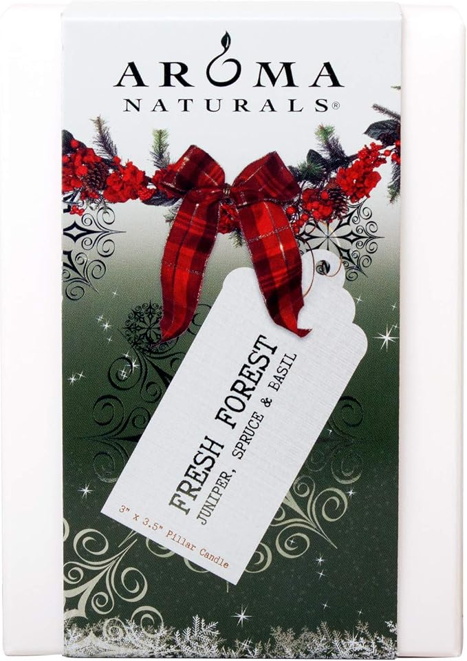 Aroma Naturals Holiday Juniper, Spruce and Basil Essential Oil Pillar Candle, Fresh Forest, 3 inch x 3.5 inch