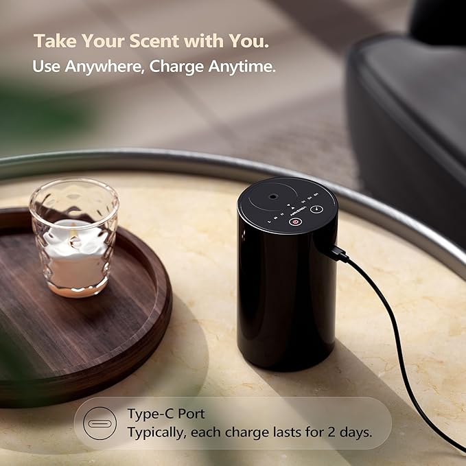 Airversa Waterless Essential Oil Diffuser Starter Kit with 2x20mL Luxury Hotel Fragrance Oils for Home Car Office, Battery Operated Mini Scent Air Machine Portable Diffuser, AN8KIT-B Black
