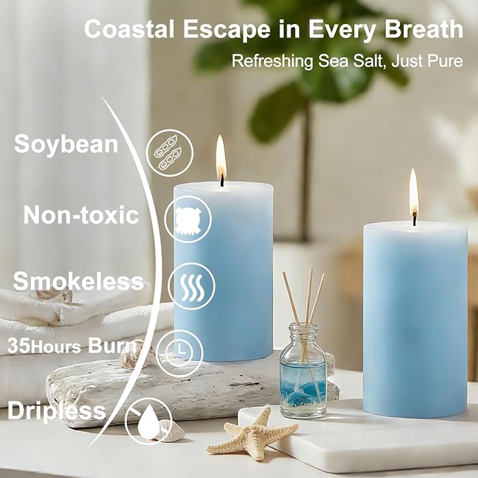 Blue Ocean Scented Pillar Candles, 3 Pack Soy Wax Pillar Candles 2 x 4 Inch, 35 Hour Long Burning Decorative Candles for Home Decor, Bathroom, Spa, Relaxation and Gifts