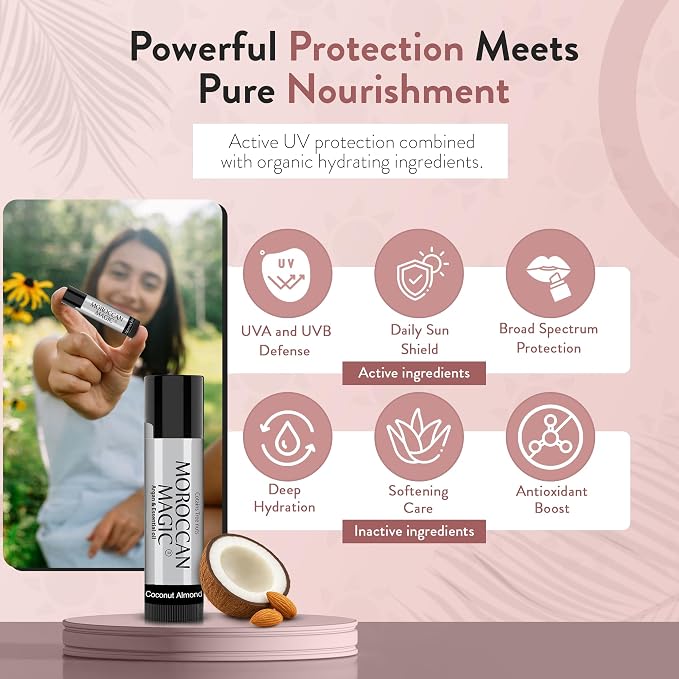 Moroccan Magic Coconut Almond SPF 15 Lip Balm | Argan Oil & Essential Oils | Family Owned | Cruelty Free | 2 Pack