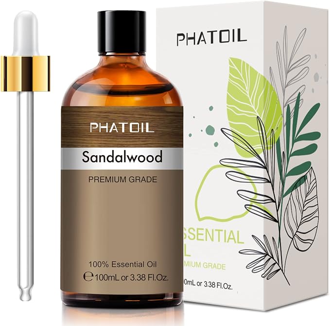 PHATOIL 100ML Sandalwood Essential Oil, Pure Aromatherapy Essential Oils for Diffuser, Humidifier, Scented Oils for Soap, Candle Making, Huge 3.38fl.oz Bottle