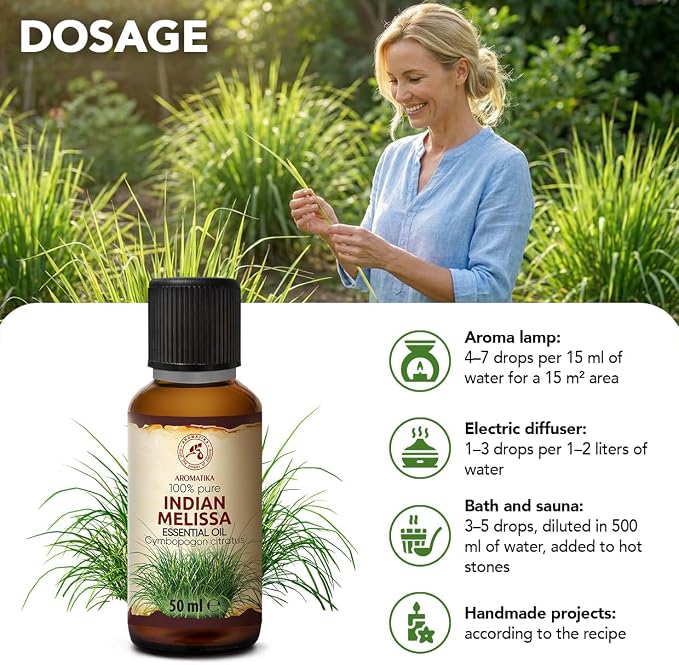 Melissa Essential Oil 1.7 Fl Oz - Melissa Indicum - Aromatherapy - Homefragrance - Pure Melissa Oil for Body Care - Diffusers - Sauna - Relaxation - Calming - Good Sleep