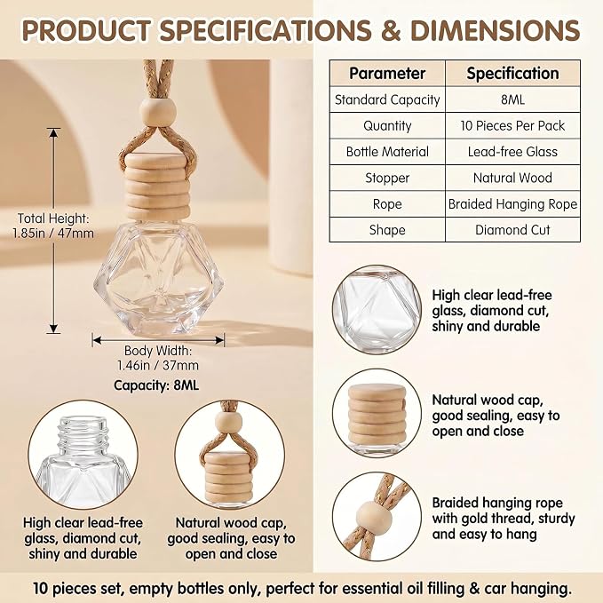 10 Pcs 8ml/0.27oz Hanging Car Air Freshener Bottles, Empty Clear Glass Diffuser Vials with Natural Wood Cap & Adjustable Rope, Refillable Car Perfume Pendant for Aromatherapy Fragrance Home Office