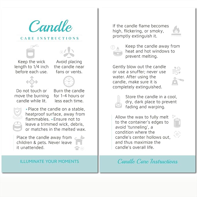 100 pack - Premium Handmade Candle Care Instruction Cards White Mint, 2x3.5 in, Small Business | Soy Bees Wax Melt, Candle Makers, Making Supplies Kit Set, Containers, Jars, Pot