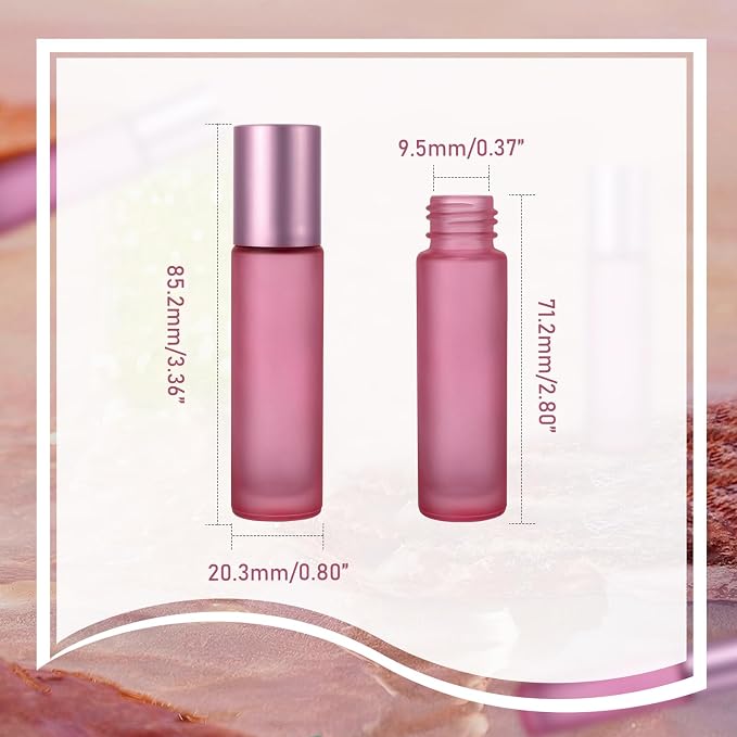 Kesell 10 Pack - 10ml Refillable Frosted Glass Roller Bottles Vials with Stainless Steel Roller Ball and Aluminum Cap - Pink Color