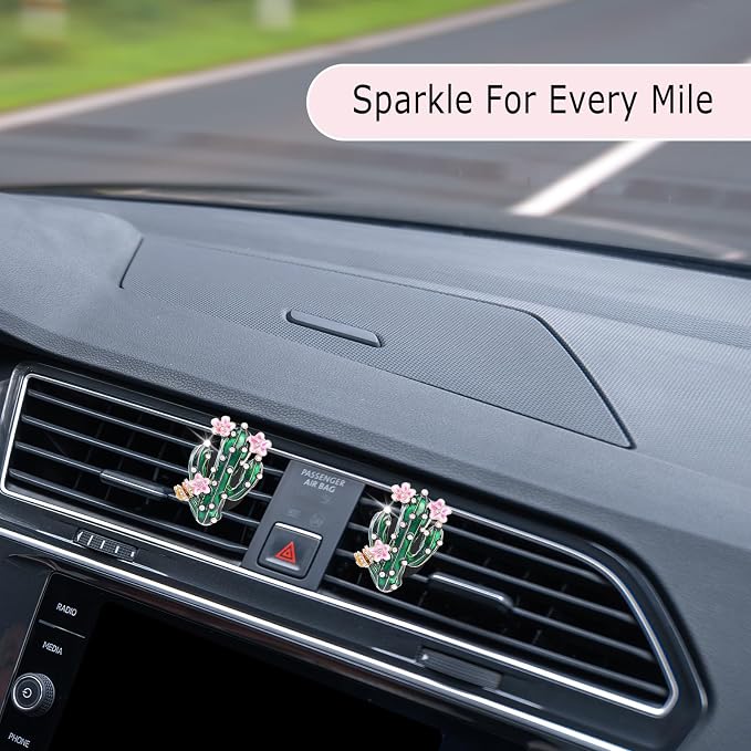 ORIESSE Cactus Car Decor,2pcs Flower Saguaro Car Air Freshener Vent Clips,Boho Desert Car Interior Decor, Cute Plant Car Accessories for Women Girls,Refillable Diffusers