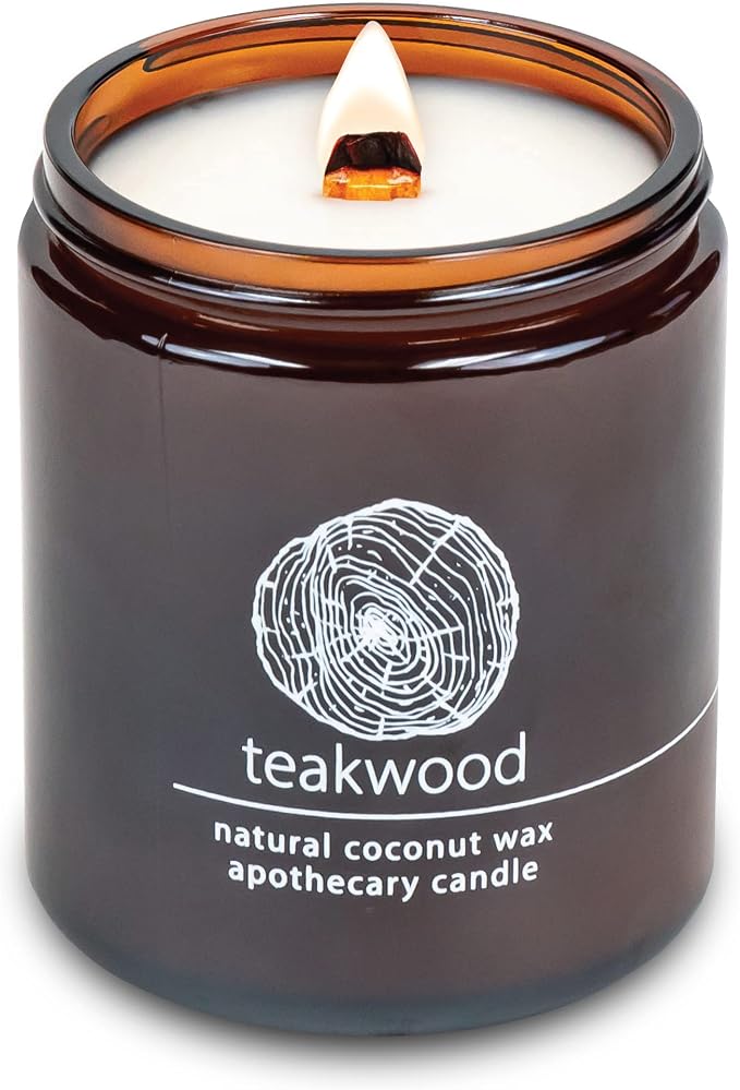 Hemlock Park Teakwood Apothecary Scented Candle | Crackling Wood Wick, Botanical Fragrance & Coconut Apricot Wax | Up to 60 Hour Burn Time | 8 oz | Made in USA