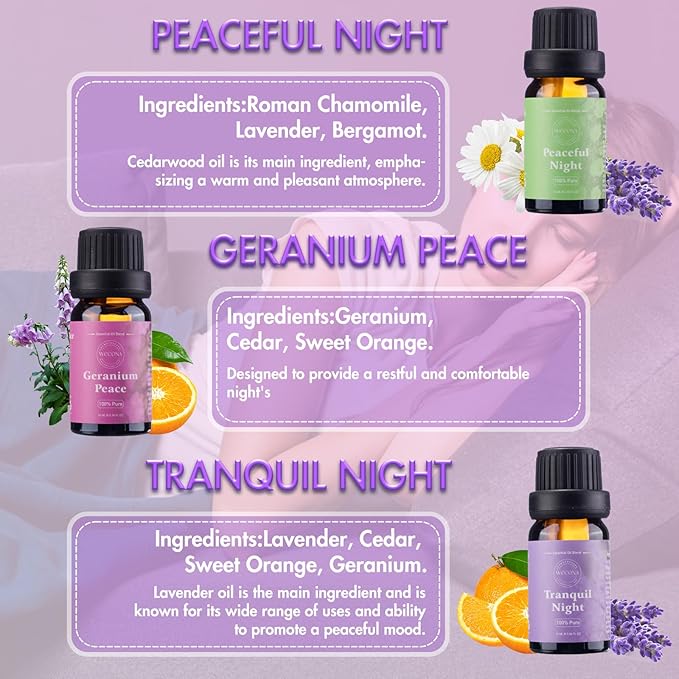 WECONA Essential Oils for Diffusers For Home - Dreamland Slumber Aromatherapy Oils Set for Humidifiers, 6x10ml - Essential Oil Blends Including Lavender, Cedar, Sweet Orange, Geranium, Roman Chamomile