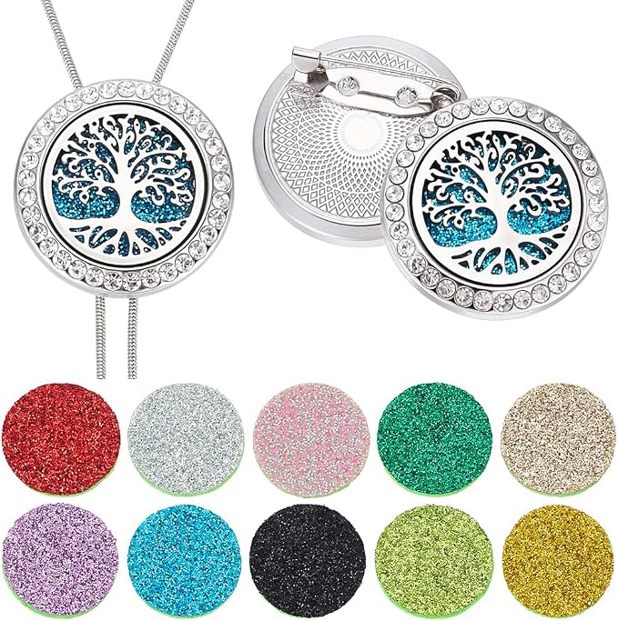 SUNNYCLUE 1Pc Essential Oil Necklace 1Pc Aromatherapy Diffuser Brooch with 10Pcs Refill Pads Set Tree of Life Round Hollow Metal Oil Diffuser Locket Pendants for Women Men Birthday Gifts Yoga Jewelry