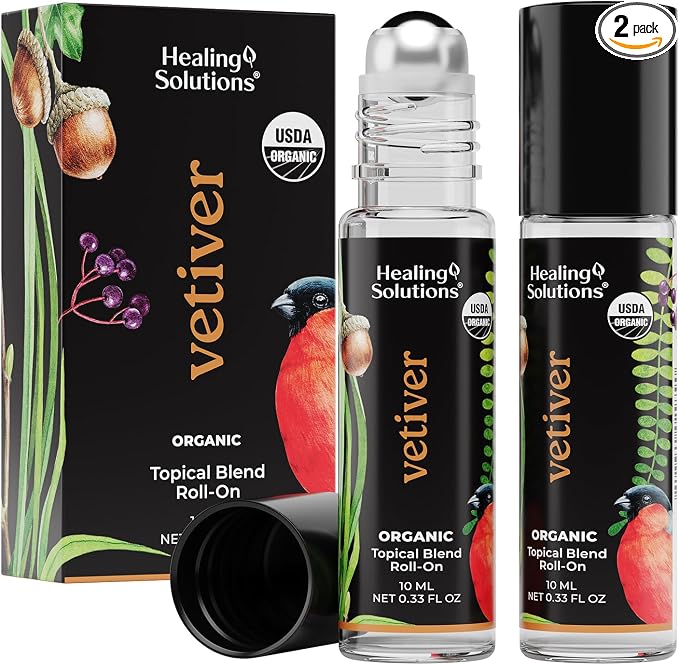 Healing Solutions (2 Pack) USDA Certified Organic Vetiver Essential Oil Roll-On for Skin Care - Essential Oil Roll On