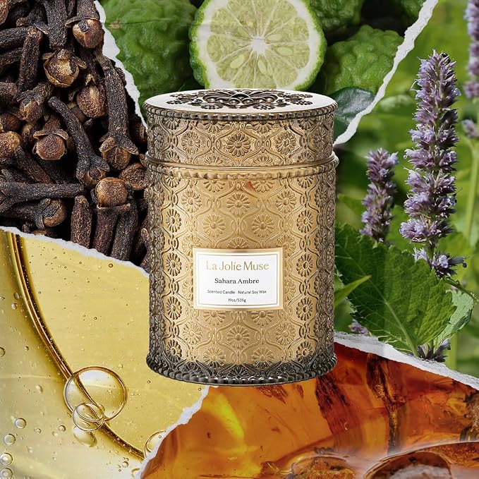 LA JOLIE MUSE Sahara Amber Scented Candles for Home, 19 oz Natural Soy Wax | Large Jar Luxury Candle, Clean Non Toxic, Gifts for Women & Men, Decorative Candles, Wood Wick, Bergamot, Musk & Patchouli