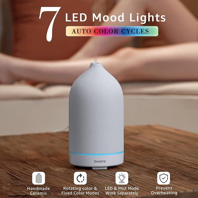 Gooamp 200ML Ceramic Essential Oil Diffuser - Ultrasonic Aromatherapy & Humidifier with 7-Color LED Lights, Auto Shut-Off, White, 1H/3H/6H Timer | Scent for Home,Office,Yoga