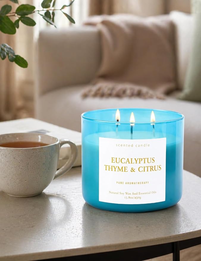 Eucalyptus Thyme Citrus Candle | 3-Wick Large Scented Soy Candle 15.8 oz | Aromatherapy Stress Relief Candles | Relaxing Herbal Spa Scent | Long Lasting Clean Burn