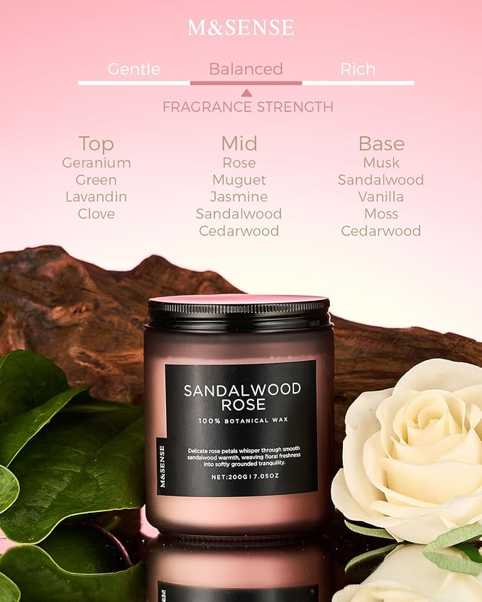 M&SENSE Sandalwood Rose Home Scented Candles, 7.05oz Natural Soy Wax, 50 Hours Slow Burning Romantic Smelling Scent for Women, Housewarming Gifts for Family Friends