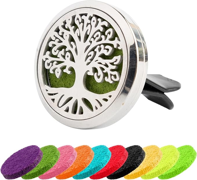 AUEAR, Car Diffuser Vent Clips Tree of Life Aromatherapy Essential Oil 30mm Stainless Steel Air Fresheners Lockets with 10 Felt Refill Pads for Women Men (Style D)