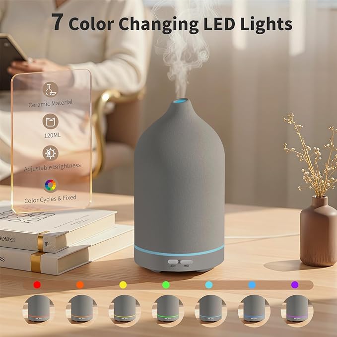URPOWER 120ML Essential Oil Diffuser Aromatherapy Diffuser Oil Machine with Elegant Gray Ceramic Design Ultrasonic Cool Mist Humidifier with 7 LED Lights, Auto-Off for Home Decor & Relaxation Office