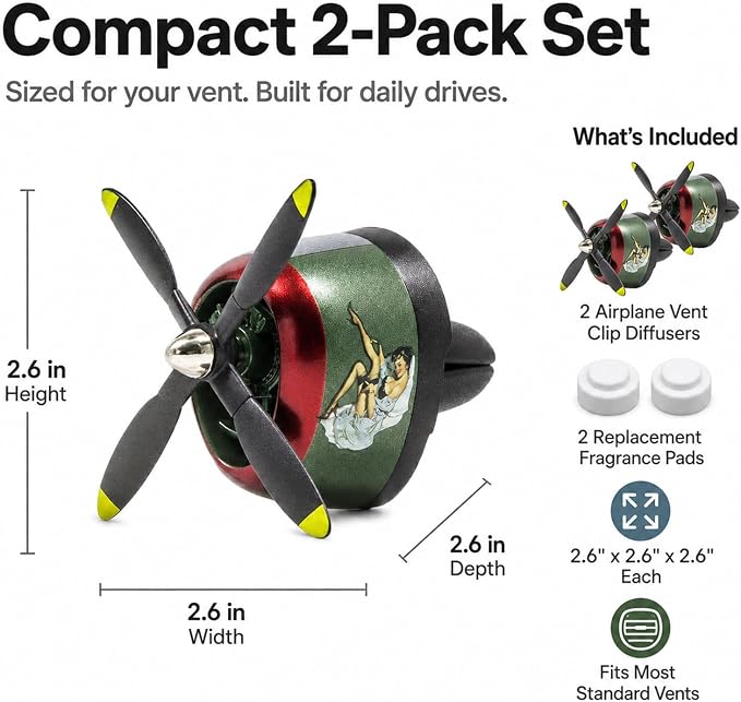 P-47 Inspired Car Vent Air Freshener 2 Pack with 2 Refill Pads, Vintage Side Graphic Airplane Propeller Diffusers, No Batteries Needed, Car Accessories for Men(P47 European-2PCS)