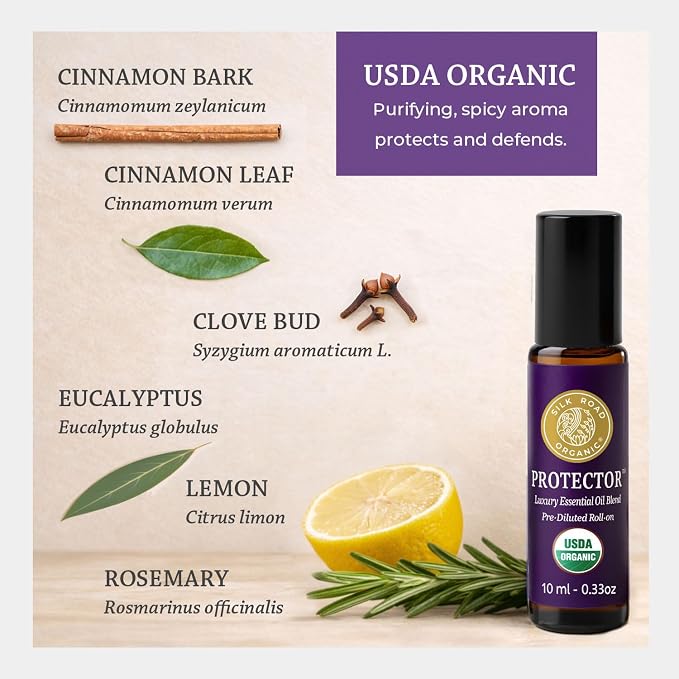 Silk Road Organic Protector Essential Oil Immunity Blend Roll On, Purifying Thieves Oil Formula, 100% Pure USDA Certified Clove Bud, Cinnamon Bark, Rosemary, Lemon, Eucalyptus - 10 ml Roller