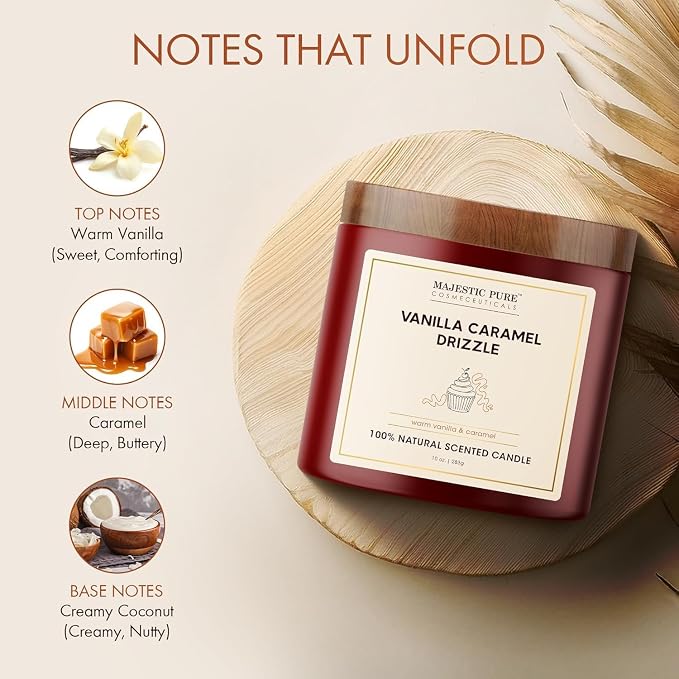 Majestic Pure Vanilla Caramel Scented Candle with Upto 45+ Hrs Burn Time, 2-Wick Candle, Soy Wax Blend for Cleaner Consistent Burn, 10 oz Jar Candle with Room Filling Fragrance, Drizzle