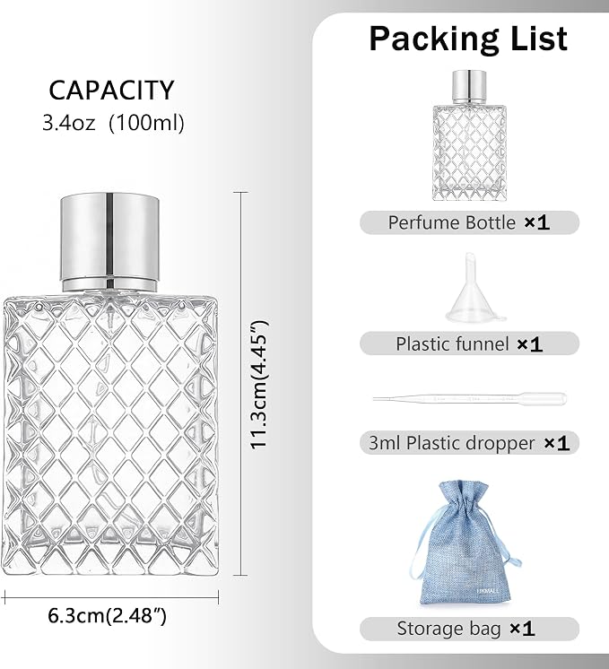 100ML 3.4oz Glass Spray Bottle, Clear, 1-Pack | Silver Aluminum Sprayer, For Essential Oils & Perfumes, Includes Funnel Filler, Includes 3ml Dropper