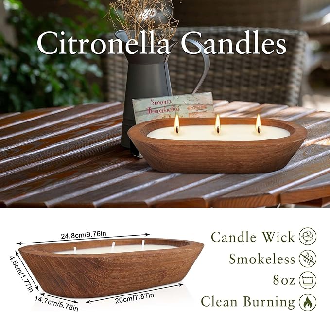 Citronella Candle in Wooden Bowl, 8oz Triple-Wick Smokeless Candle, Clean Burning Natural Citronella Scented Candle for Home Decor, Patio, Garden and Relaxation