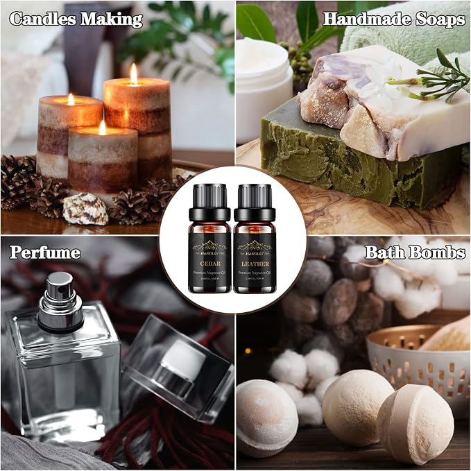 Essential Oils Set, Men Scents Fragrance Oil Aromatherapy Essential Oils Kit for Diffuser (6x10ML) - Sandalwood, Cedar, Leather, Sweet Tobacco, Rum, Cologne Aromatherapy Oil Gift for Men