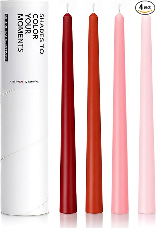 10" Classic Taper Candles, Red & Pink Shades, 4-Pack, 7-8 Hours Long Burning, Unscented Tall Candlesticks