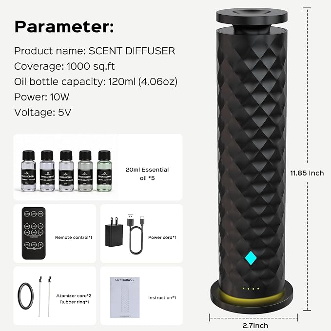 Waterless Scent Diffuser Starter Kit – Remote Control Cold Air Scent Diffuser Oil Machine with 5 Oils 1000 Sq Ft Coverage Quiet Nebulizing Aromatherapy for Home Office Bedroom & Spa