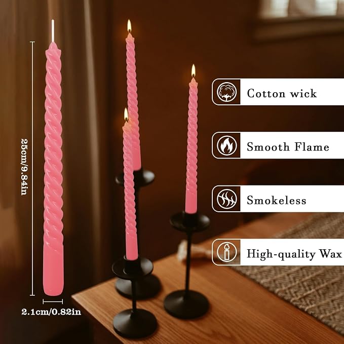 WPONSZU 10 Inch Pink Spiral Taper Candle Set of 12 Pack Unscented Dripless Candlesticks for Valentine's Day,Dinner,Party,Brithday,Wedding,Christmas,and Home Decoration