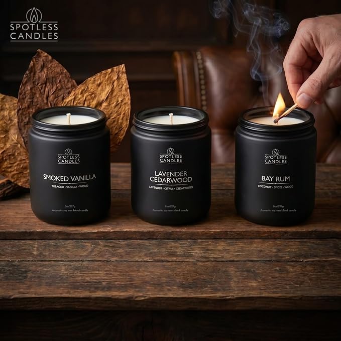 Mens Candle 3 x 8oz Pack Smoked Vanilla Bay Rum and Lavender Cedarwood Scents