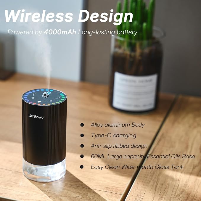 Waterless Car Diffuser for Essential Oils Wireless Battery Operated Car Diffuser Portable Cordless 60ML Air Freshener Diffuser 3 Timers & 3 Mist Levels for Car Home Bedroom Travelling (Gold)