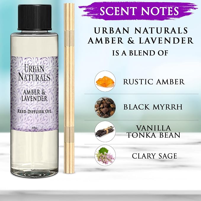 Urban Naturals Reed Diffuser Oil Refill Amber & Lavender, Soothing Lavender, Warm Amber, Calming Room Scent, 4 oz + Free Reed Sticks, Made in the USA
