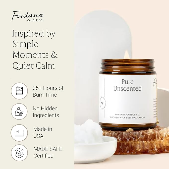 Fontana Candle Co Wood Wick Beeswax Jar Candle, Beeswax and Coconut Oil – Made Safe w/Coconut Oil & Pure Essential Oils – 35+ Hrs Clean Burn, Long Lasting and Non-Toxic Candles for Home & Room Decor