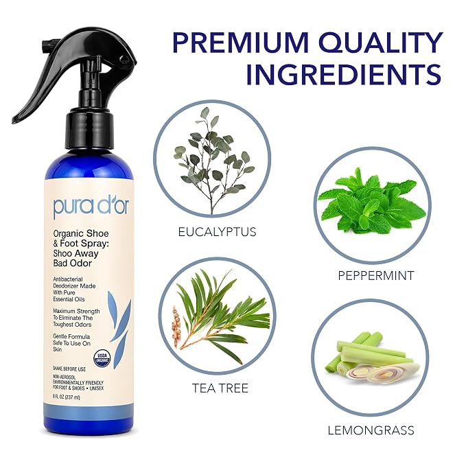 PURA D'OR Organic Shoe & Foot Odor Eliminator Spray (8oz) Deodorizes & Removes Bad Smells with Eucalyptus, Peppermint, Tea Tree, Lemongrass Essential Oil, Maximum Strength (Packaging may vary)