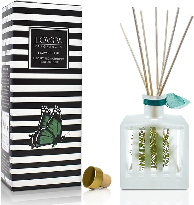 Reed Diffuser Set, Birchwood Pine Scented Oil Diffuser with Sticks, Home Fragrance Accessories for Bathroom Shelf Decor, Aroma Diffusers for Home or Office Desk, USA Made