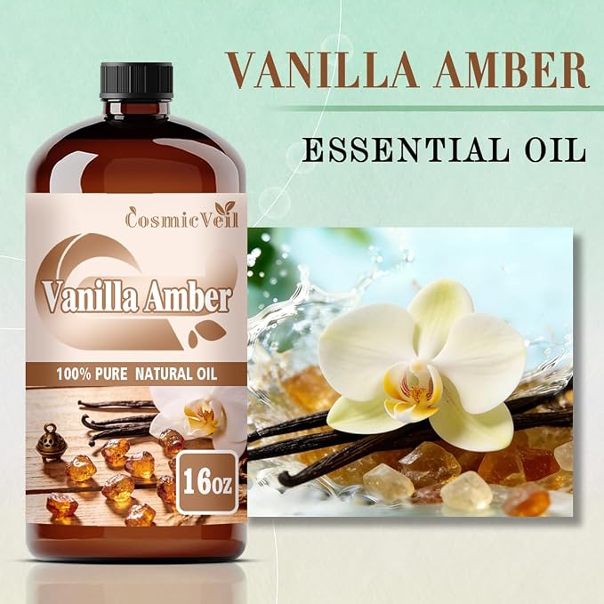 Vanilla Amber Essential Oil for Aroma Diffuser,Humidifier,Home Fragrance,Cleaning,Body Care,Massage,Yoga,DIY Candle,DIY Soap CosmicVeil（Vanilla Amber，16 Fl Oz (Pack of 1)）
