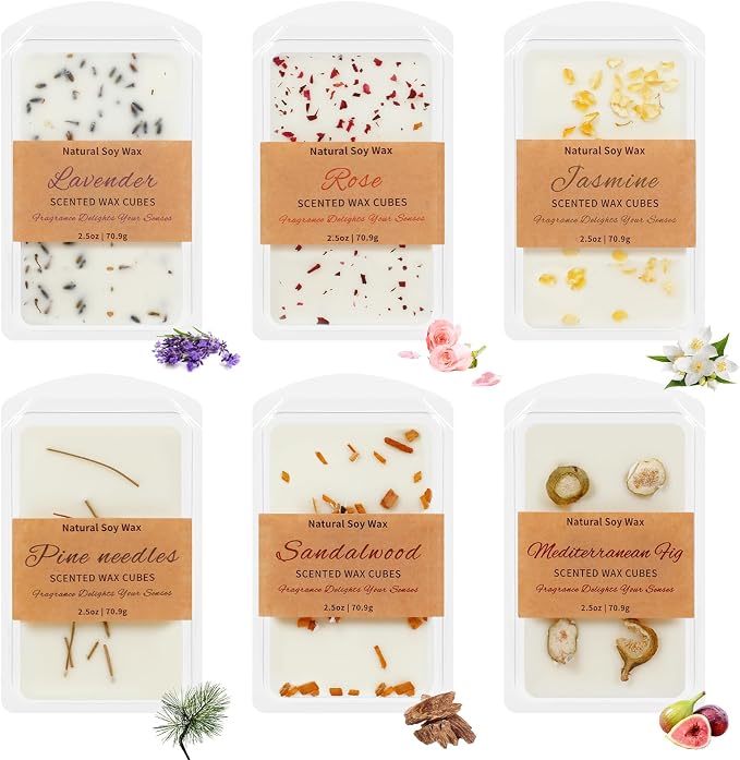 SCENTORINI Wax Melts, 6 Pack Summer Scented Wax Cubes, Soy Wax Melts Tarts with Natural Dried Flower & Highly Scented Essential Oil, Candle Wax for Warmer Gift Set for Home Fragrance