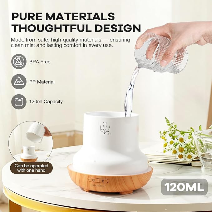Essential Oil Diffuser with Night Lamp | 120ml USB Portable Aroma Diffuser with Wood-Grain Base & Glass-Look Cover | Humidifier with Lights | Small Humidifier for Bedroom, Office | Room Décor | Gift