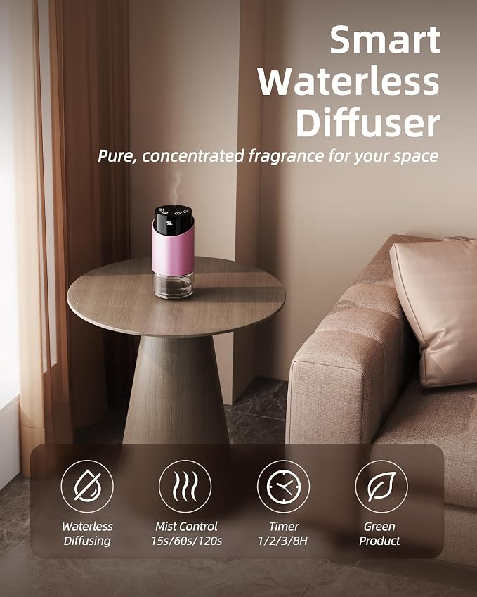 Waterless Essential Oil Diffuser Aromatherapy Scent Diffusers for Home Large Room, Bedroom, Car, Office, Battery Operated Mini Portable Air Freshener, 3 Countdown Timers & 3 Mist Levels