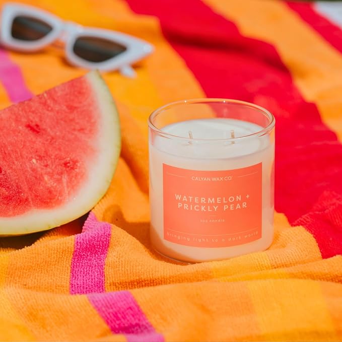 Calyan Wax Co. Watermelon & Prickly Pear 2 Wick Scented Candle - 37 Hour Burn - Luxury Clean Soy Wax Candles - Long Lasting Large Glass Jar Candle for Home - 8.8oz
