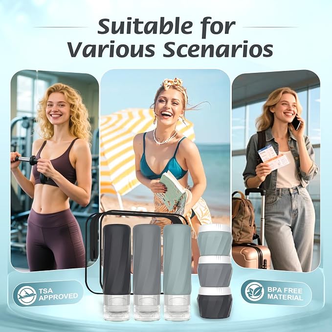 6Pcs Travel Bottles for Toiletries, TSA Approved Travel Size Toiletries Containers Set, BPA-FREE Silicone Leak Proof Refillable Bottles and Jars, Women & Men Airplane Cruise Essentials Kit