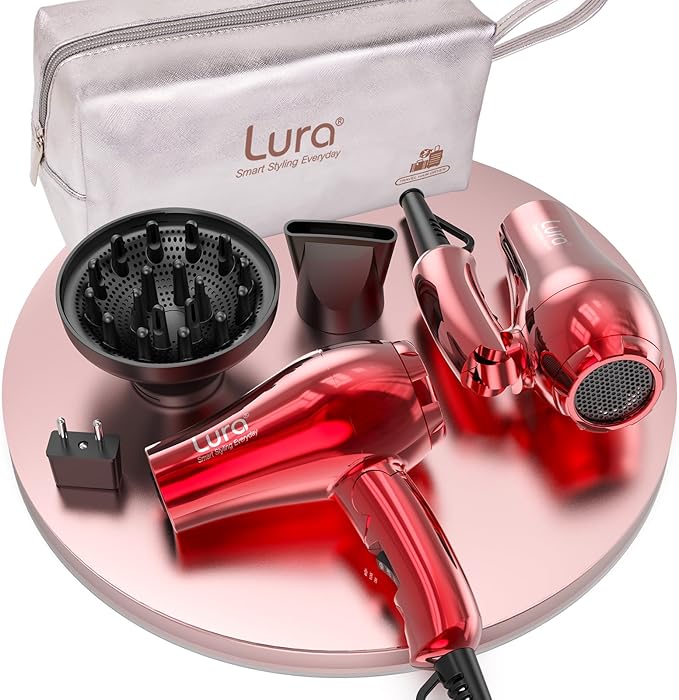 LURA Auto Dual Voltage Travel Hair Dryer with Diffuser,Travel Blow Dryer Mini with EU Plug and UK Plug,Lightweight Portable Hairdryers with Folding Handle,1200W Compact Small Blowdryers for Women(Red)