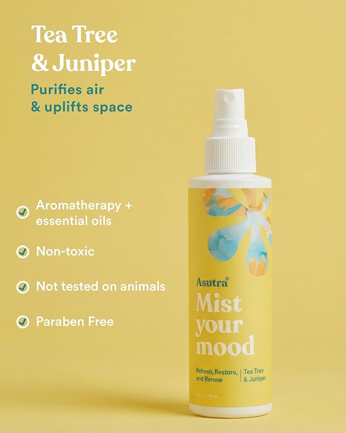 ASUTRA Multi-Use Essential Oil Aromatherapy Spray (Tea Tree & Juniper), 4 fl oz – Mist for Face, Body, Rooms & Linens – Car, Fabric, and Bathroom Freshener