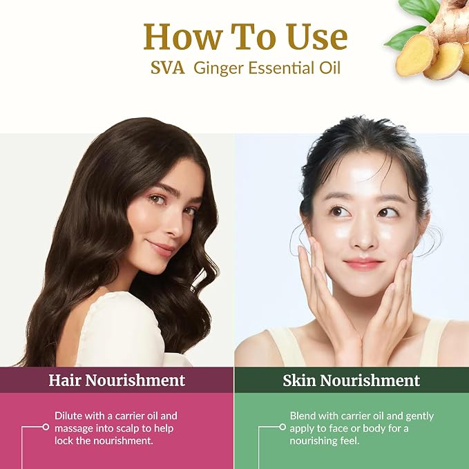 SVA Ginger Essential Oil – 4 Fl Oz – 100% Natural Ginger Oil - for Diffuser, Hair Care, Face, Skin Care, Aromatherapy, Scalp and Body Massage, Soap and Candle Making – with Dropper