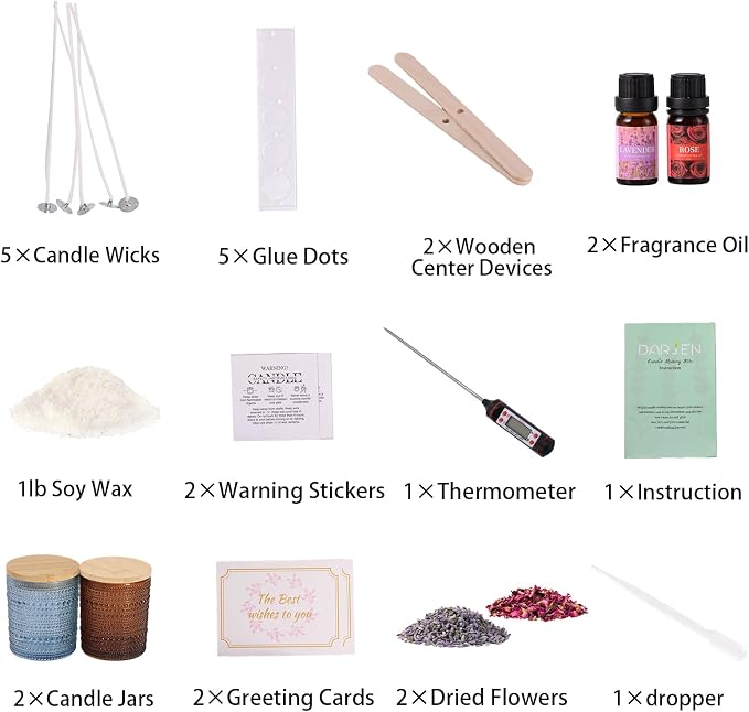 DARJEN Candle Making Kits for Beginners, DIY Starter Scented Candles Making Kit - 2 Glass Jars(Blue, Amber), Soy Wax, Scented, Card & More, Full Soy Candle Making Supplies Set Perfect Gifts