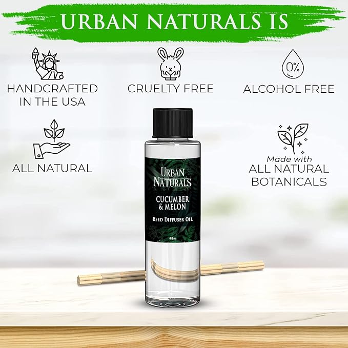 Urban Naturals Reed Diffuser Oil Refill Cucumber Melon, Crisp Cucumber, Juicy Melon, Refreshing Summer Scent, 4 oz + Free Reed Sticks, Made in the USA
