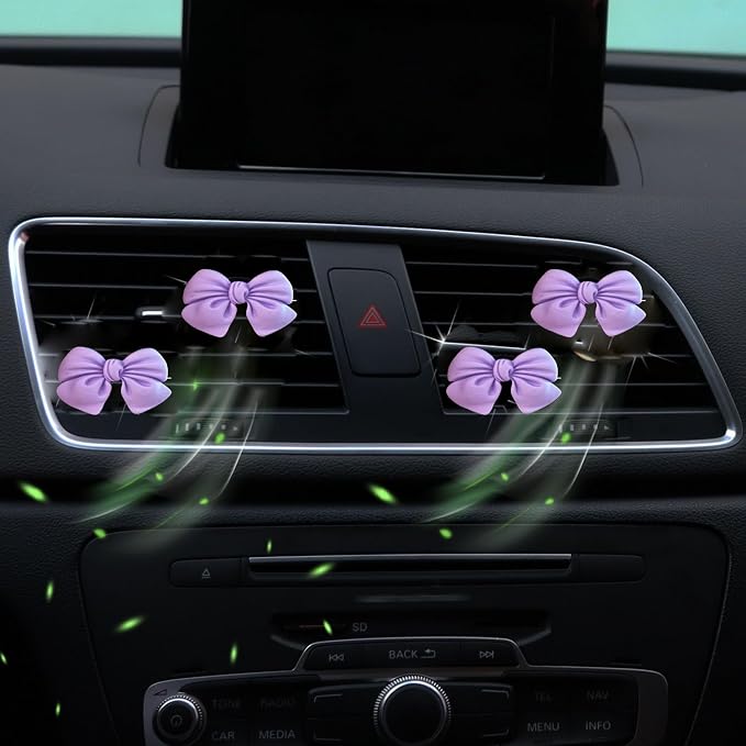 Bow Car Air Freshener Clips, 4 Pcs Cute Bow Car Air Vent Clip, Coquette Auto Air Conditioning Outlet Diffuser Perfume Clips, Interior Decoration, Auto Decor for Women Girls (Purple, 1.69in)