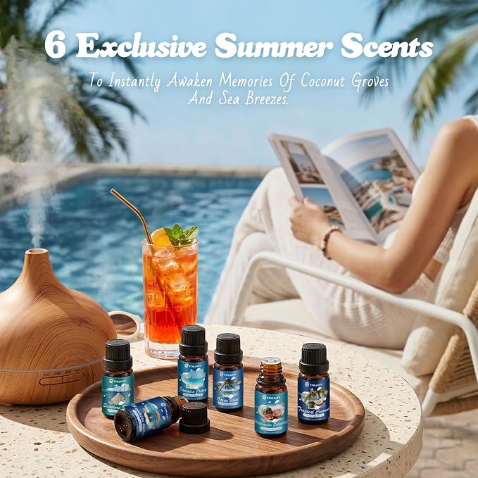 Summer Essential Oils for Diffuser - Ocean Wind, Tropical Coconut, Seashore Stroll, Hawaiian Suntan, Jamaica Crazy, Watermelon Splashing, Tropical Scented Oil for Home, Candle Making